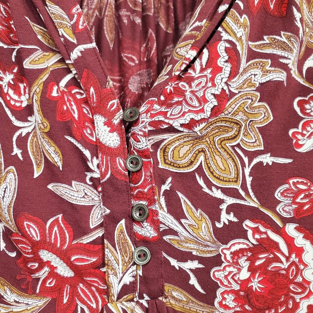 Lucky Brand Womens 1X Blouse Popover Burgundy Paisley Boho Tunic Top 3/4 Sleeve - Picture 7 of 11